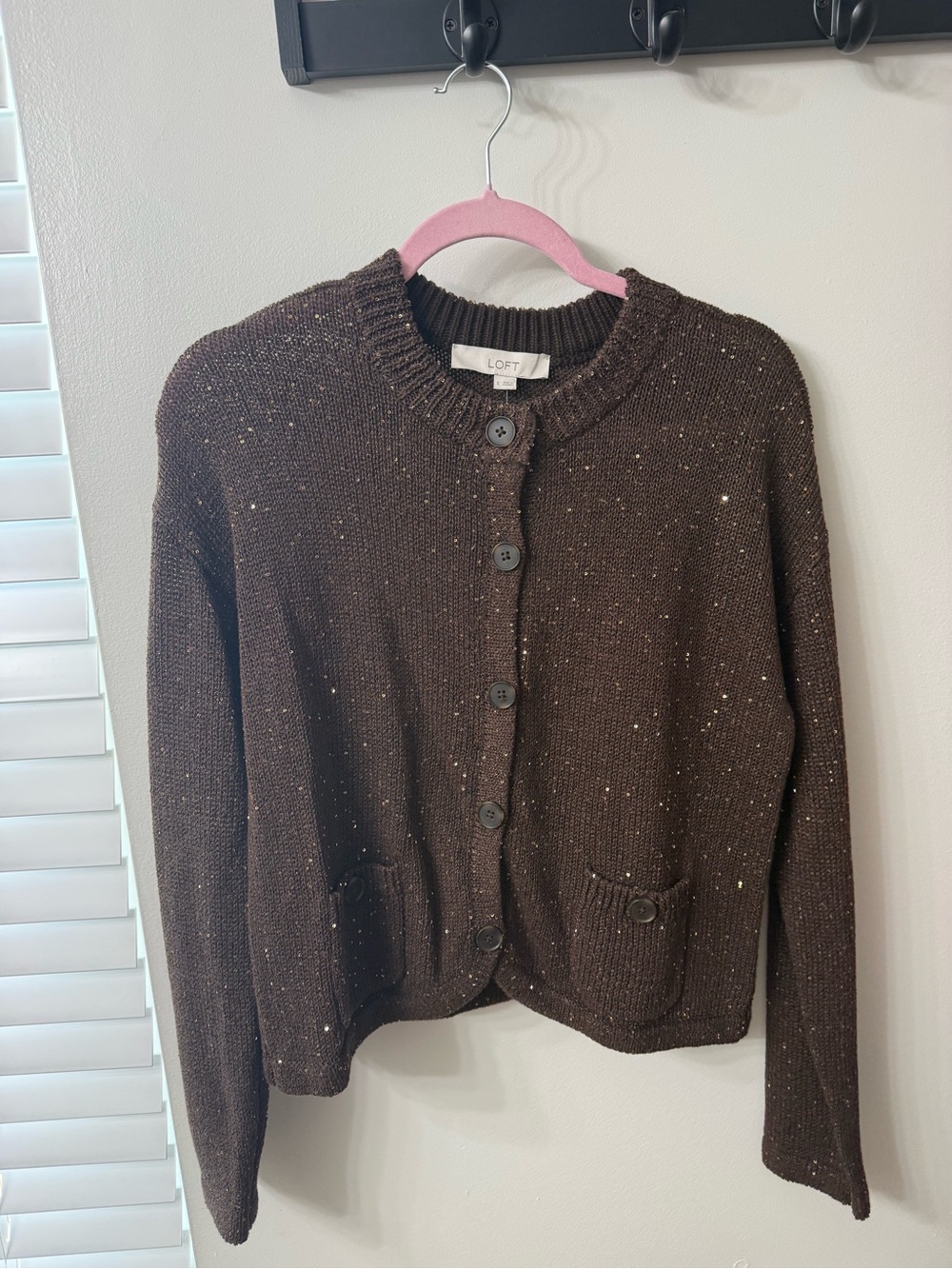 LOFT Dark Brown, Gold Sequins Button-Front Cardigan